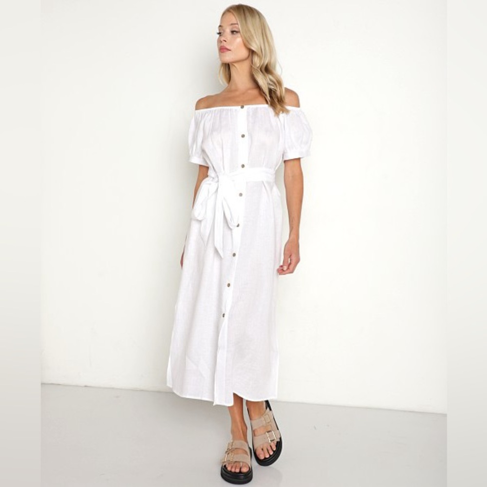 Eberjey Women's Small‎ 100% Linen Harper Dress White Midi Button Front Belted